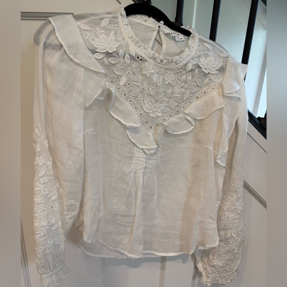 Veronica Beard Espalier Ruffled Embellished Long Sleeve Blouse, size 6